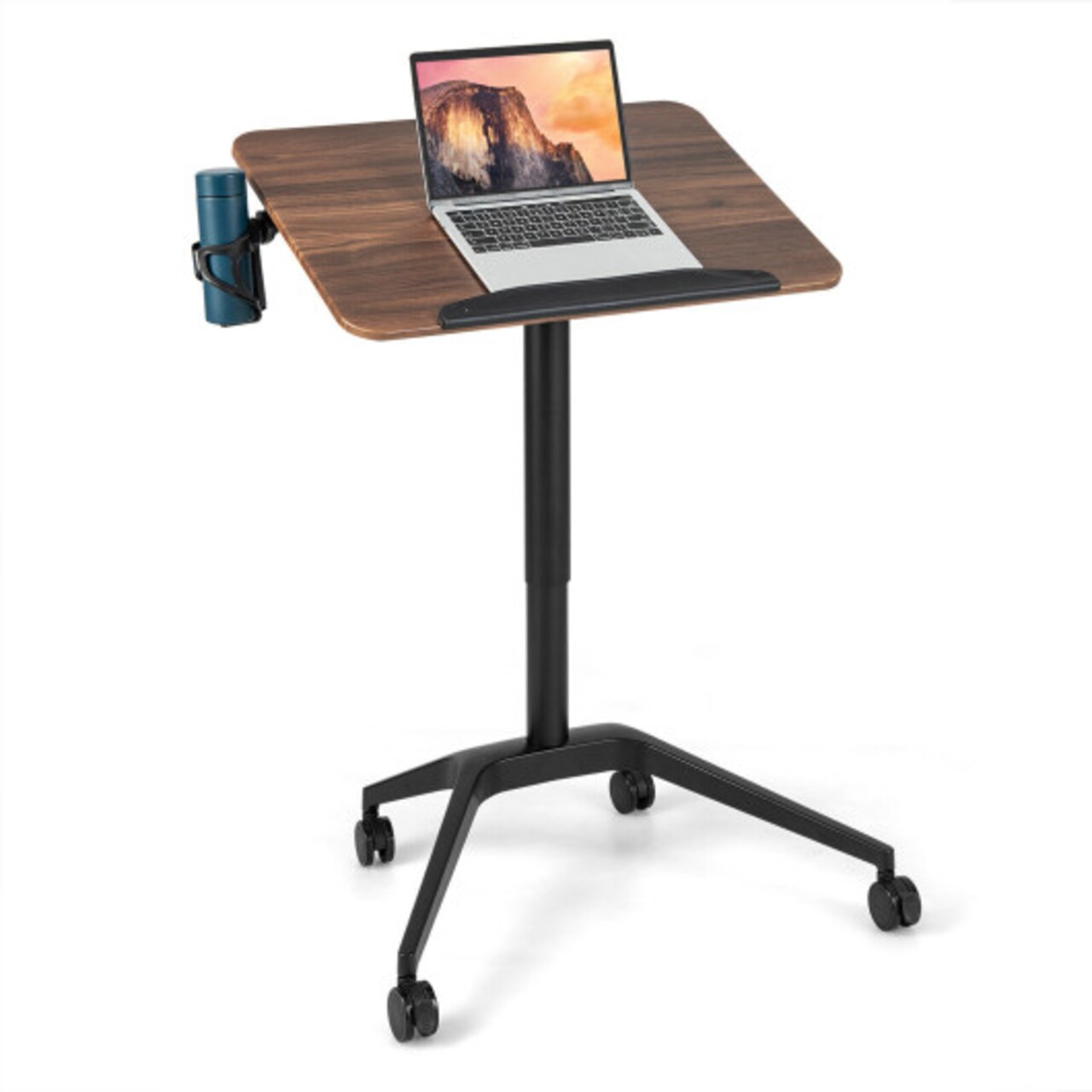Adjustable Standing Laptop Desk with Wheels Tilting Top and Cup Holder Brown
